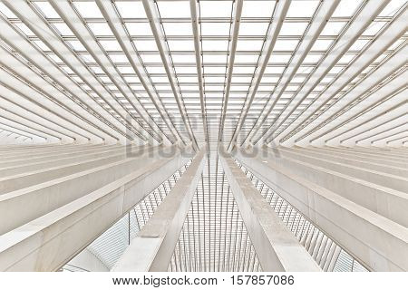 LIEGE BELGIUM - December 2014: Abstract view on the roof of the Liege-Guillemins railway station designed by Santiago Calatrava.