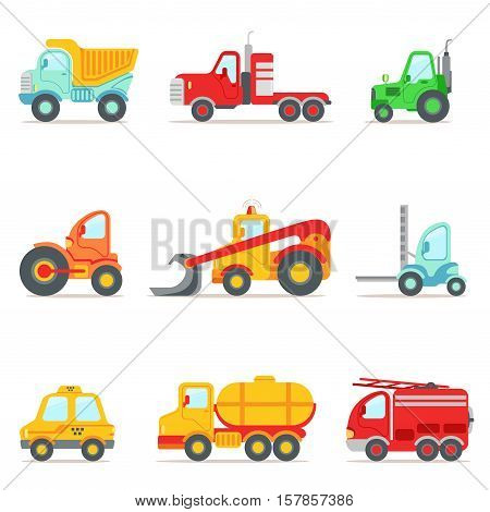 Public Service, Construction And Road Working Cars Collection Of Colorful Toy Cartoon Icons. Vector Illustrations In Bright Color With Vehicles Used For Building Work And Other Uses.