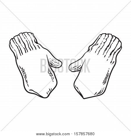 Pair of bright winter knitted mittens with snowflakes, sketch style vector illustrations isolated on white background. Hand drawn woolen mittens with knitted snoflakes, winter accessory