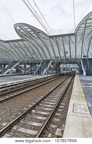 LIEGE BELGIUM - December 2014: Detailed roof of the Liege-Guillemins railway station designed by Santiago Calatrava.