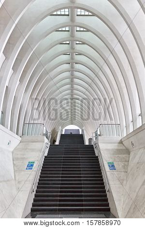 LIEGE BELGIUM - December 2014: Entrance of the railway station Liege-Guillemins designed by Spanish architect Santiago Calatrava