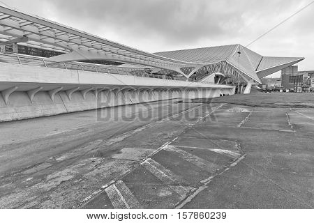 LIEGE BELGIUM - December 2014: Side view of the Liege-Guillemins railway station designed by Santiago Calatrava. Black and white photograph