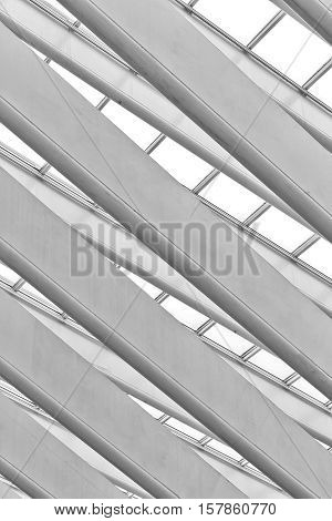 LIEGE BELGIUM - December 2014: Abstract view on the roof of the Liege-Guillemins railway station designed by Santiago Calatrava. Black and white photograph