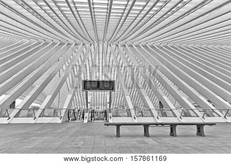 LIEGE BELGIUM - December 2014: Abstract view on the roof of the Liege-Guillemins railway station designed by Santiago Calatrava. Black and white photograph