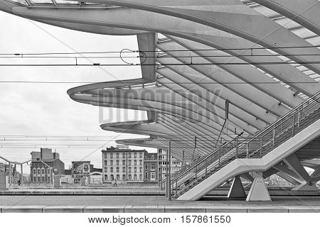 LIEGE BELGIUM - December 2014: Detailed roof of the Liege-Guillemins railway station designed by Santiago Calatrava. Black and white photograph