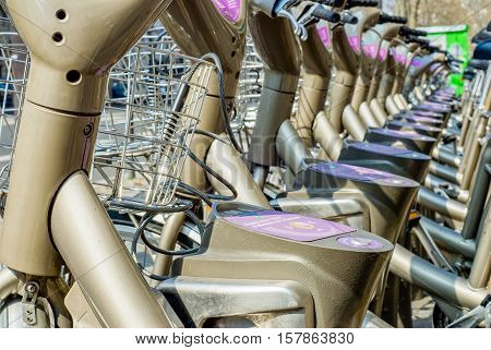 Paris, France - April 02, 2009: Closeup On Velib Station Public Bicycle Rental In Paris. Velib Has T