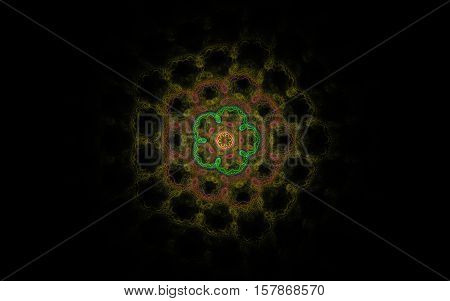 Fractal cinquefoil with green petals and loop round the middle of the color in the frame of dark orange and brown patterns in the form of a honeycomb on a black background.