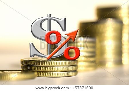 The symbol of the dollar and the percent of the background bars coins . The concept of changes in the exchange rate .