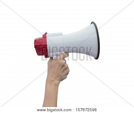 Hand Holding White Megaphone Isolated On White. Saved With Clipping Path