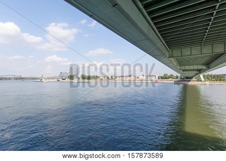 Under the Deutzer Bridge from the Rhine River, Germany