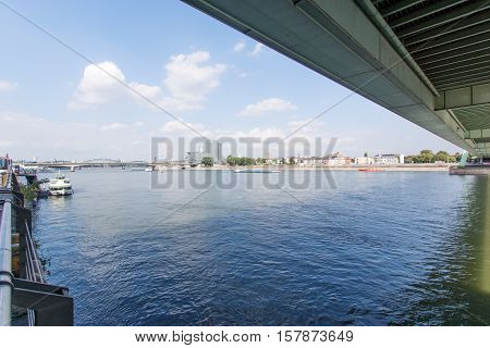 Under the Deutzer Bridge from the Rhine River, Germany