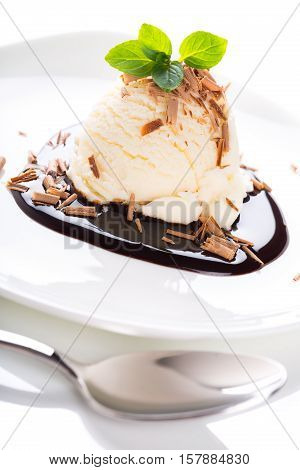 Vanilla Ice Cream Scoop with Chocolate Shavings and Sauce