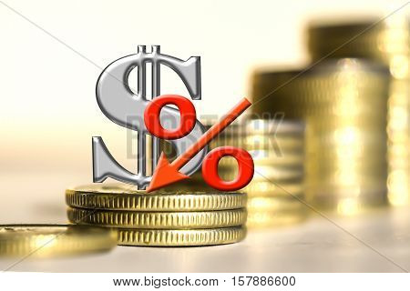 The symbol of the dollar and the percent of the background bars coins . The concept of changes in the exchange rate .