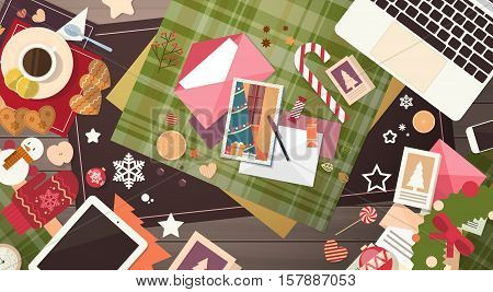 Decorated Workspace Desk Copy Space Top Angle View Flat Vector Illustration