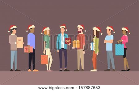 Businesspeople Celebrate Merry Christmas And Happy New Year Business People Team Santa Hat Flat Vector Illustration
