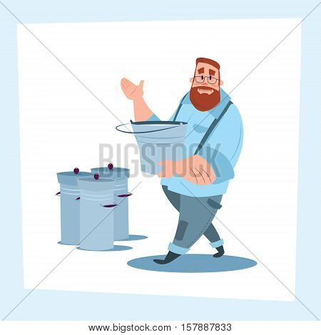 Milkman Farmer Hold Milk Pail Eco Farming Concept Flat Vector Illustration