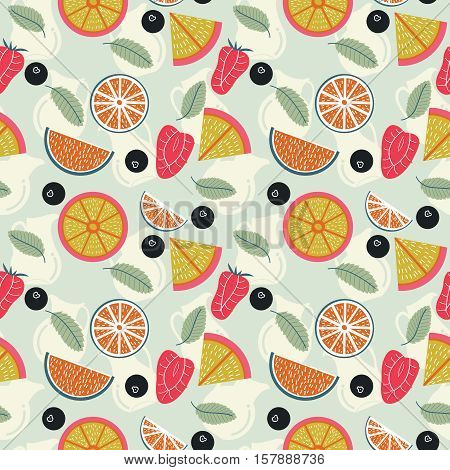 Seamless pattern with fresh fruit lemonade: grapefruit lime mint strawberry and blueberry. Tropical non-alcohol fruit lemonade background.