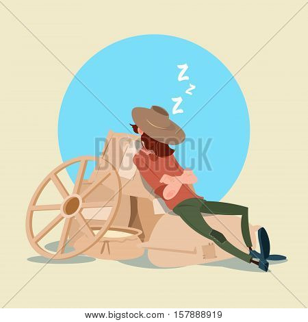 Farmer Countryman Sleeping On WHeat Sacks Flat Vector Illustration
