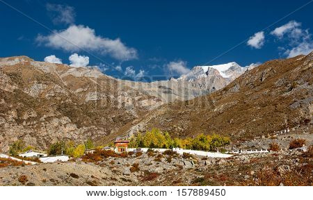 Buddhist temple on mountain slope. Muktinath in Nepal.