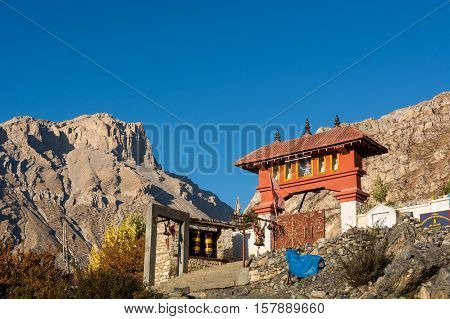 Buddhist temple on mountain slope. Muktinath in Nepal.