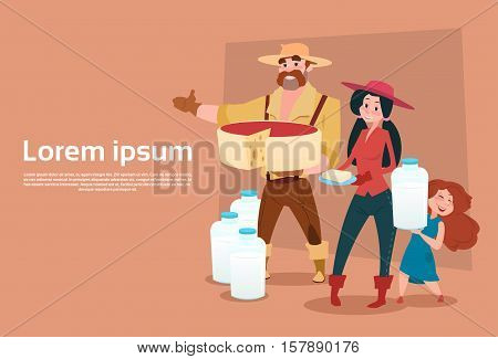 Farmers Family Milkers Fresh Milk Dairy Products Eco Farming Banner Flat Vector Illustration