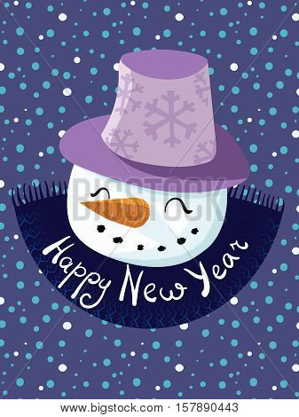 Vector Christmas illustration. The poster with a cartoon happy snowman wearing a hat. The inscription Happy New Year. Letterning. Portrait of snowmen. Doodle. Drawing by hand.