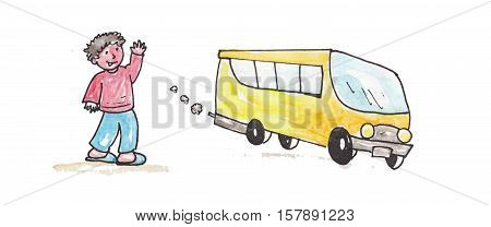 watercolor schoolbus with happy and colorful child