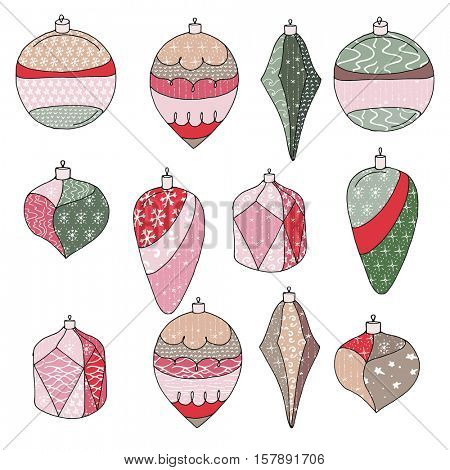 Set with stylized decorate toys. Contour,red and green color, vintage style. Christmas colllection on white background