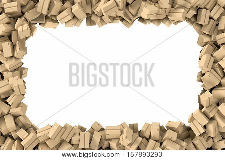 3d rendering of a rectangular frame made of light beige cardboard mail boxes on white background. Postal services. Packing and crating. Storage of different products. Compartments for packages.