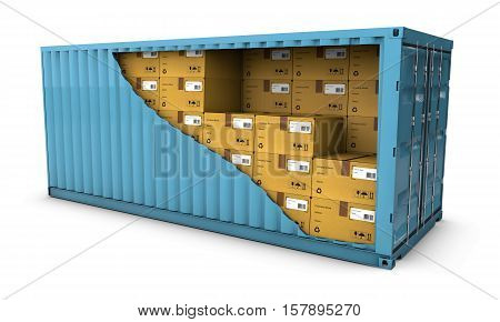 3d illustration of blue conteiner with packages on white background