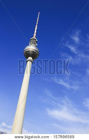 The TV Tower with blue sky on the background in Berlin Germany.