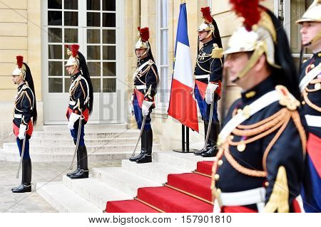 PARIS FRANCE - JUNE 10: Hotel Matignon Republican Guards of honor during a welcome ceremony on JUNE 10 2016 in Paris. Matignon is the official residence of the Prime Minister of France.