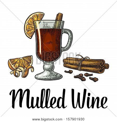 Mulled wine with glass and ingredients. Cinnamon stick clove and cardamom. Isolated on white background. Vector color vintage engraving illustration. Hand drawn lettering for label and poster