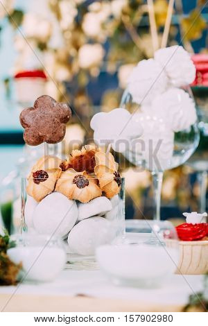 Dessert Sweet Tasty Marshmallow And Cookies In Candy Bar On Table. Delicious Sweet Buffet. Wedding Holiday Decorations