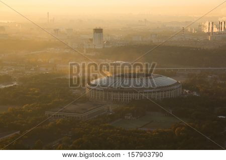 Luzhniki sport complex in foggy morning in Moscow, Russia, view from MSU