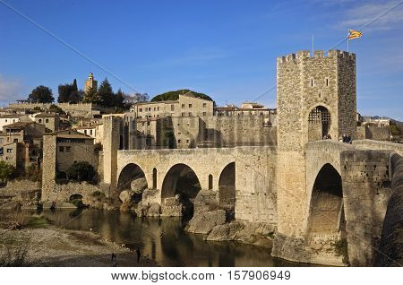 medieval bridge and village of Besalú in La Garrotxa Girona Spain