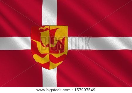 Flag of Guldborgsund is a municipality in Denmark in Region Sjælland on the island of Zealand. 3d illustration