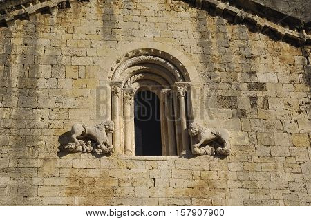 facade of Romanesque church of Sant Pere de Besalu in the Garrotxa Girona Spain