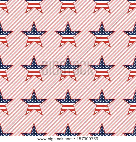 Us Patriotic Stars Seamless Pattern On Red Stripes Background. American Patriotic Wallpaper With Us