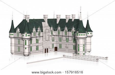 3D illustration of a French Chateaux Azay le Rideau isolated background.