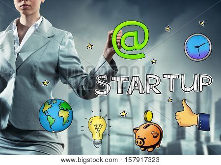 Close up of businesswoman drawing on screen business concept