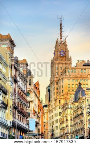 The Telefonica Building in Gran Via street - Madrid, Spain