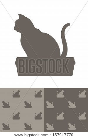 Cat sitting on a litter box silhouette icon as a single design element and in two different colour variations of a seamless background pattern vector illustration