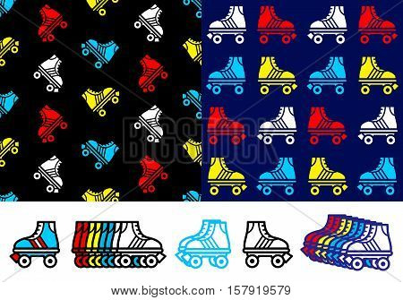 Roller skate seamless background pattern with colorful red blue yellow and white skate icons in two different pattern variations with a row of single icons on white below vector illustration