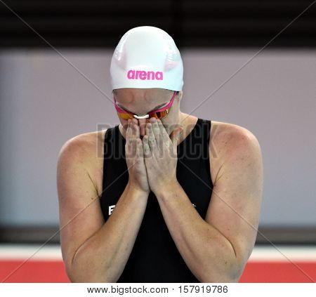 Hong Kong China - Oct 29 2016. Australian olympian and world champion swimmer Emily SEEBOHM at the start. FINA Swimming World Cup Preliminary Heats Victoria Park Swimming Pool.