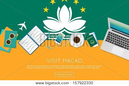 Visit Macao Concept For Your Web Banner Or Print Materials. Top View Of A Laptop, Sunglasses And Cof