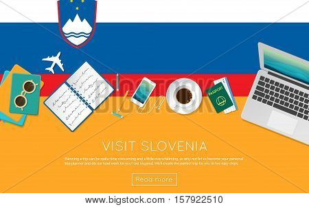 Visit Slovenia Concept For Your Web Banner Or Print Materials. Top View Of A Laptop, Sunglasses And