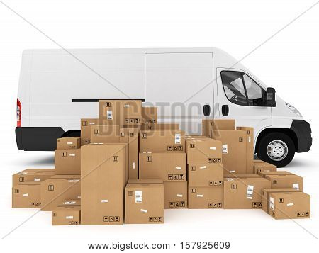 Loading stack of packed boxes on truck. 3D Rendering