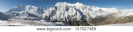Panoramic view of Annapurna 2 II Annapurna 3 III Annapurna 4 IV Ganggapurna and Khangsar Kang Annapurna range from Ice Lake way to Thorung La pass Annapurna circuit trek Nepal