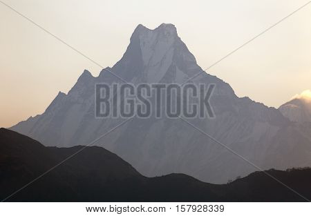 Silhouette of mount Machhapuchhre Annapurna area morning view Nepal